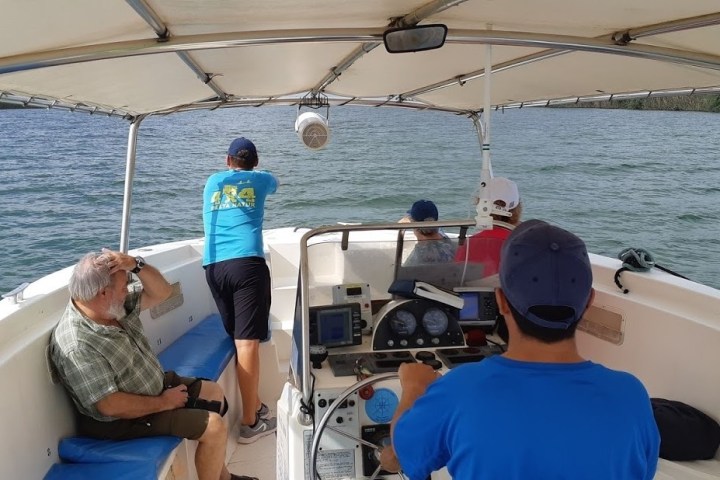 Four people inside a covered small boat on a lake, one steering, three sitting or standing.