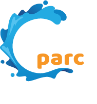 Logo with blue wave forming a C, and 'parc' in orange.