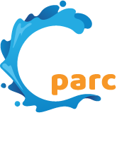 Logo with blue wave forming a 'C' and orange text 'parc'.
